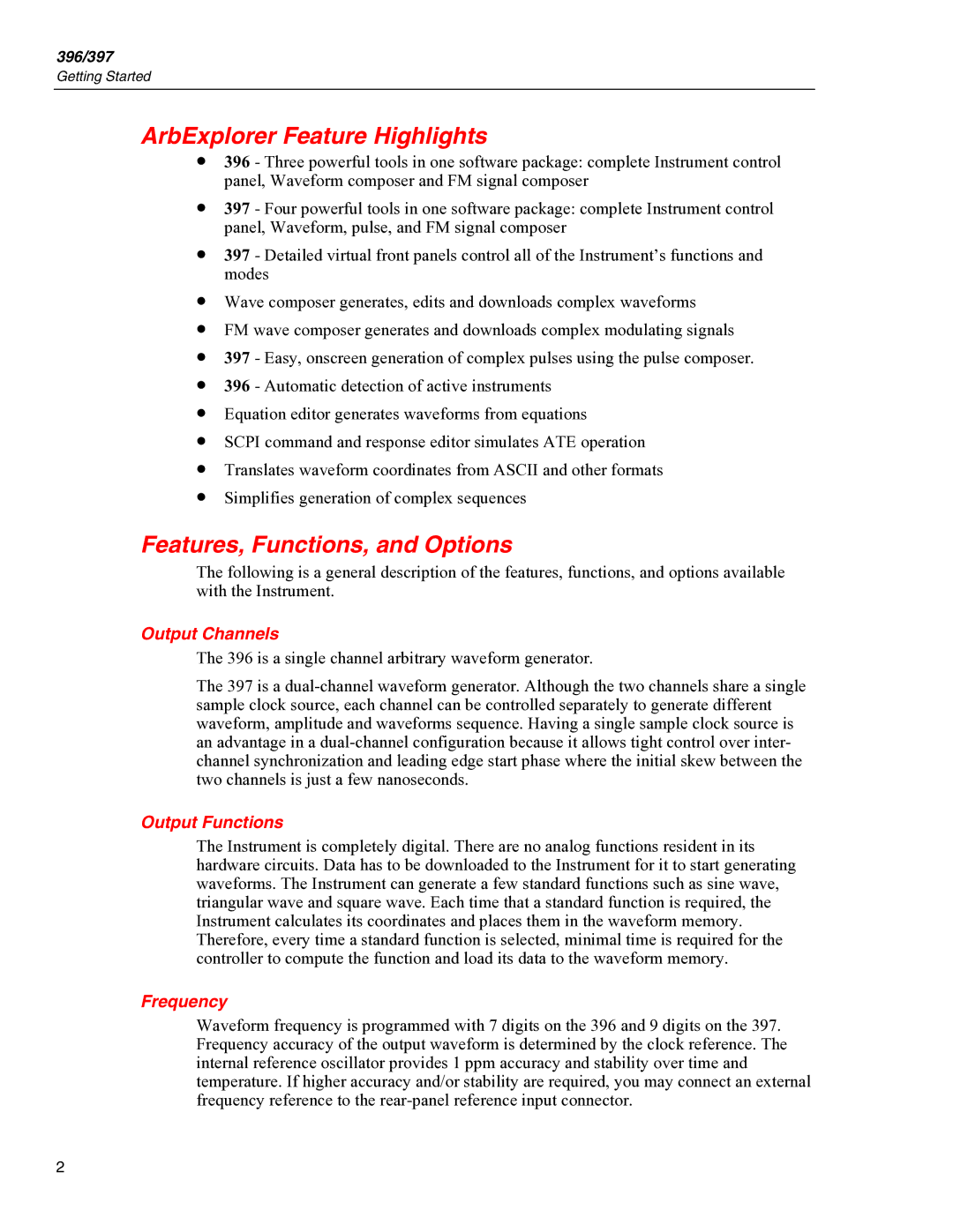 Fluke 397 ArbExplorer Feature Highlights, Features, Functions, and Options, Output Channels, Output Functions, Frequency 