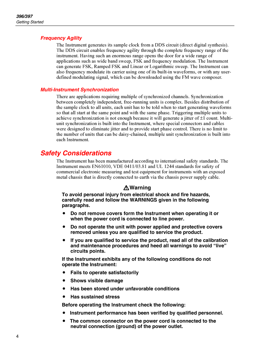 Fluke 397, 396 manual Safety Considerations, Frequency Agility, Multi-Instrument Synchronization 