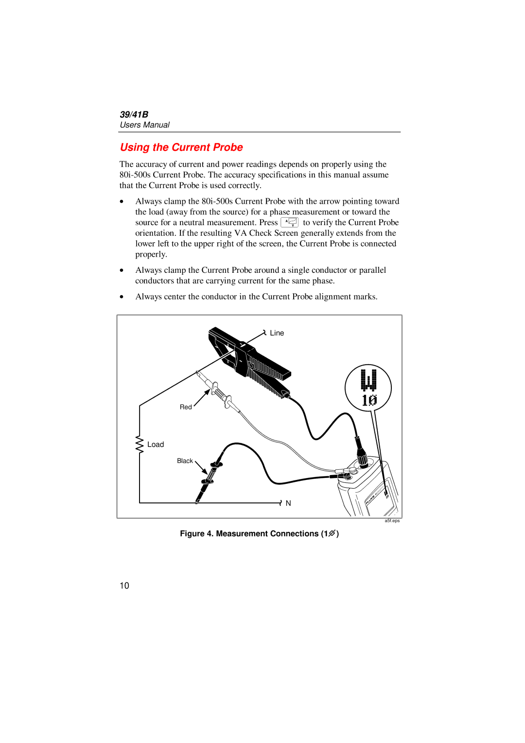 Fluke 41B, 39 user manual Using the Current Probe, Measurement Connections 1P 