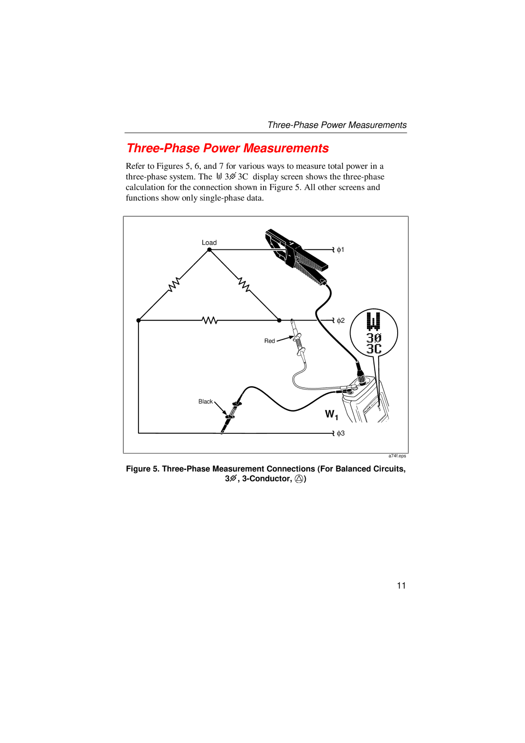 Fluke 39, 41B user manual Three-Phase Power Measurements, Three-Phase Measurement Connections For Balanced Circuits 