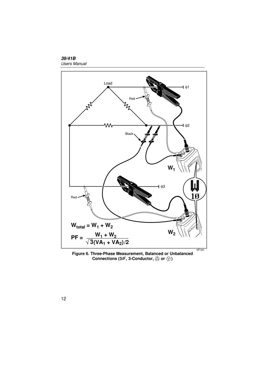 Fluke 41B, 39 user manual Wtotal = W1 + W2, Three-Phase Measurement, Balanced or Unbalanced 