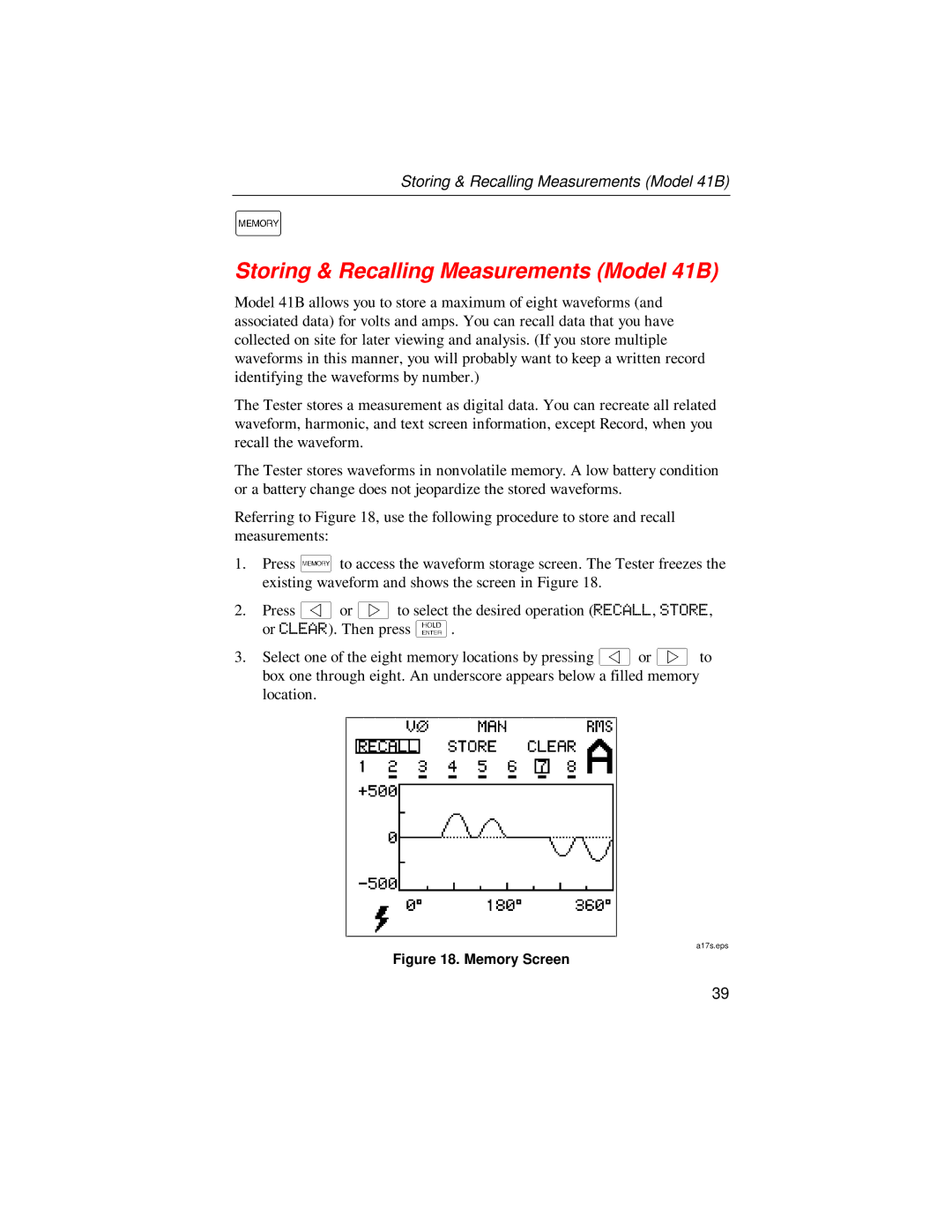 Fluke 39 user manual Storing & Recalling Measurements Model 41B, Memory Screen 