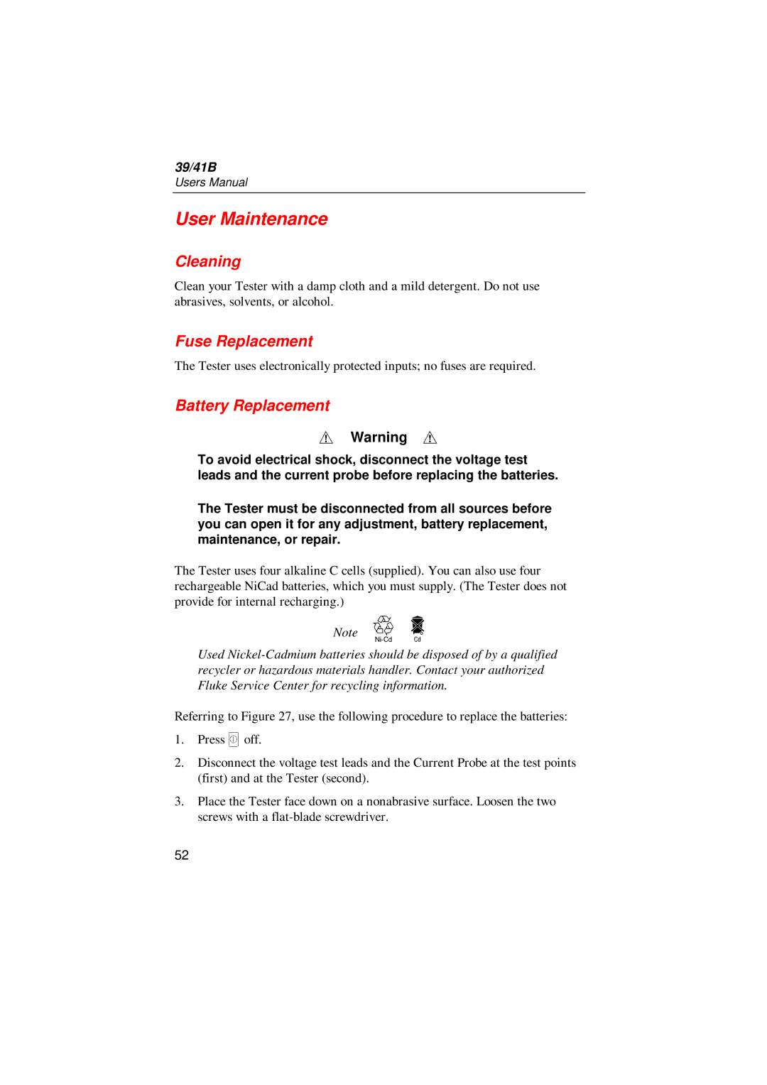 Fluke 41B, 39 user manual User Maintenance, Cleaning, Fuse Replacement, Battery Replacement 