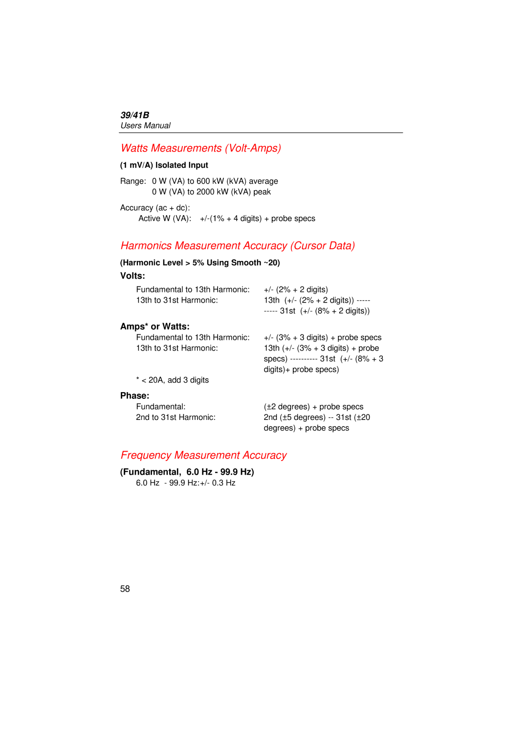 Fluke 41B, 39 user manual Watts Measurements Volt-Amps, Harmonic Level 5% Using Smooth ~20 