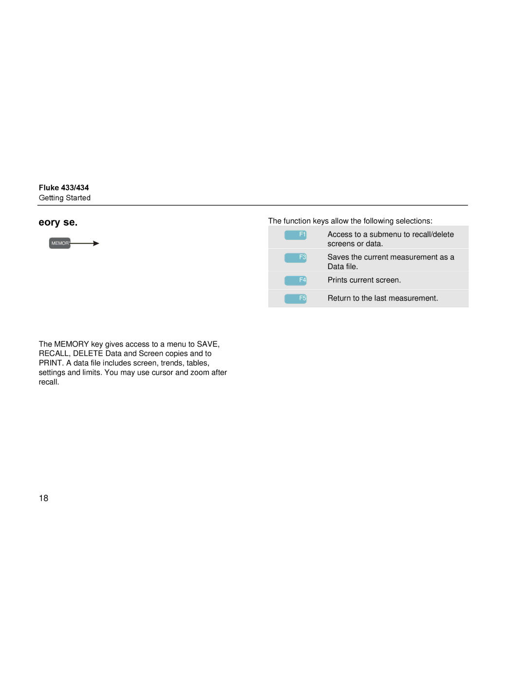Fluke 434, 433 manual Memory Use 