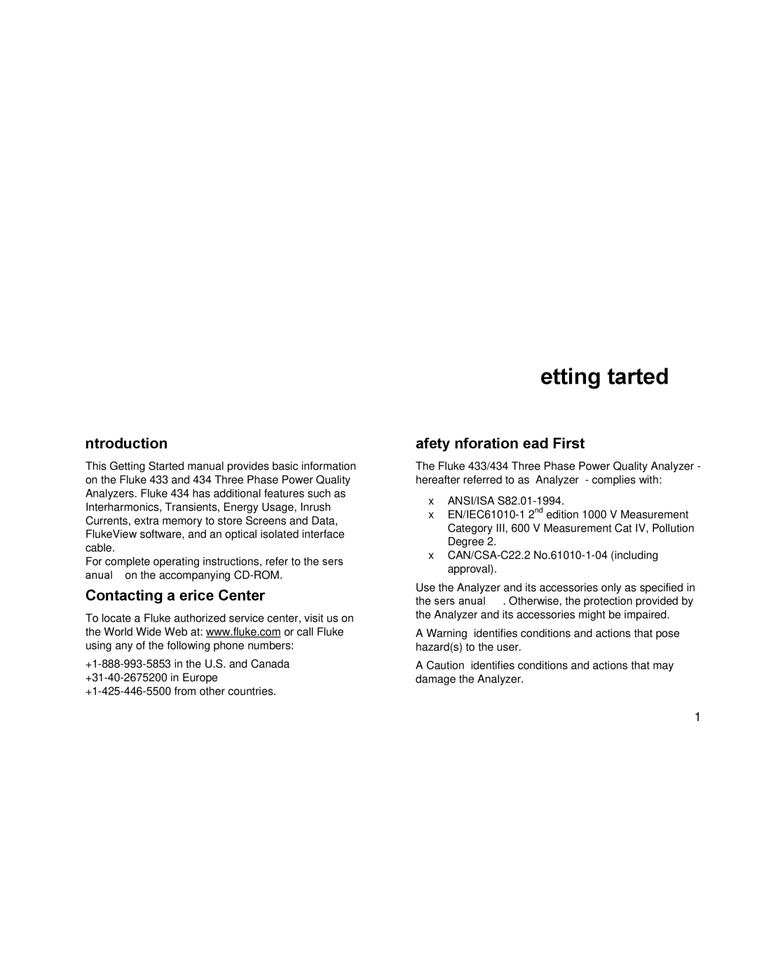 Fluke 433, 434 manual Introduction, Contacting a Service Center, Safety Information Read First 