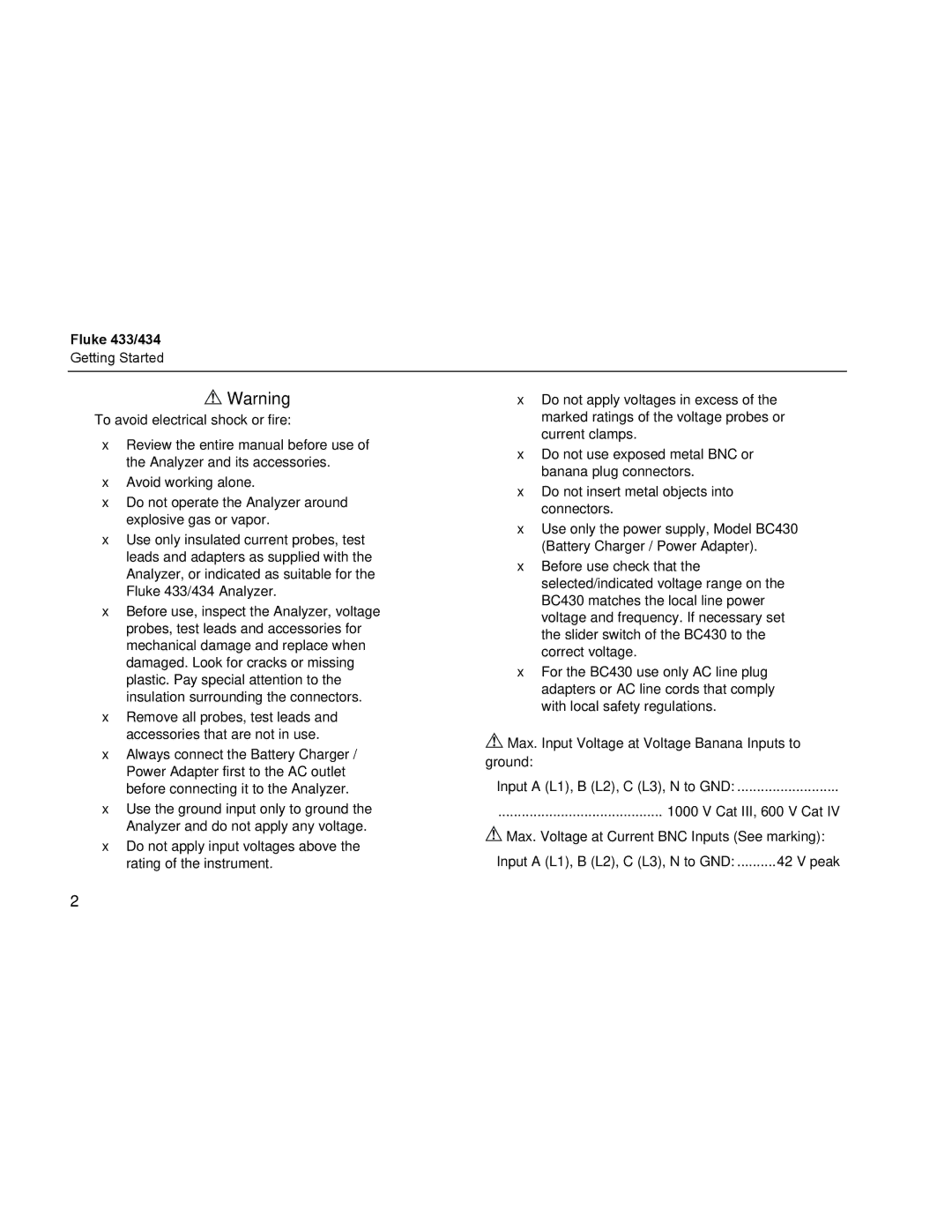 Fluke manual Fluke 433/434, Max. Voltage at Current BNC Inputs See marking 