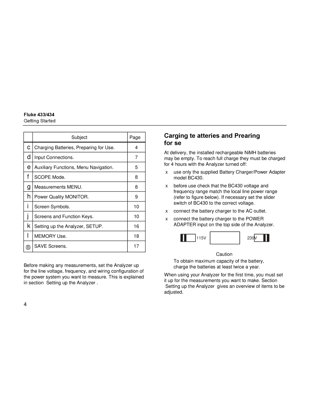 Fluke 434, 433 manual Charging the Batteries and Preparing for Use, Subject 