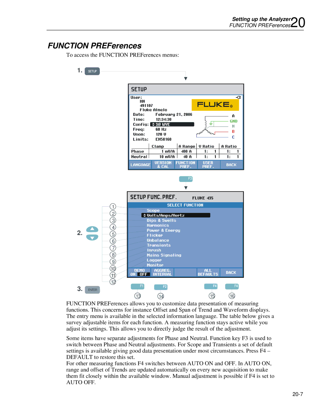 Fluke 435 user manual Function PREFerences, Auto OFF 