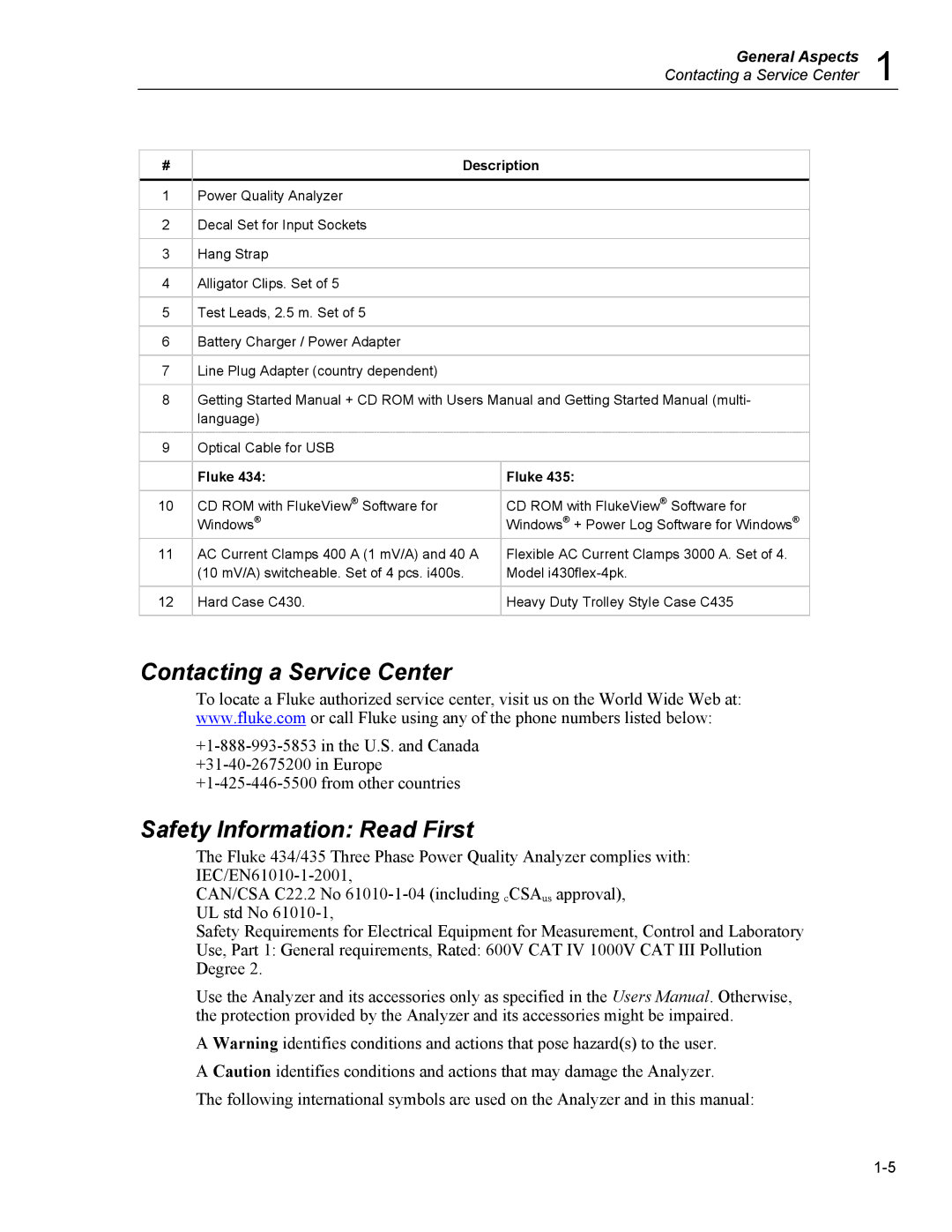 Fluke 435 user manual Contacting a Service Center, Safety Information Read First, Description, Fluke 