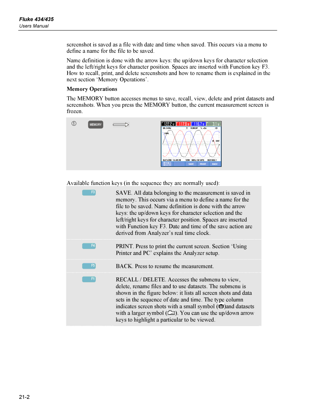 Fluke 435 user manual Memory Operations 