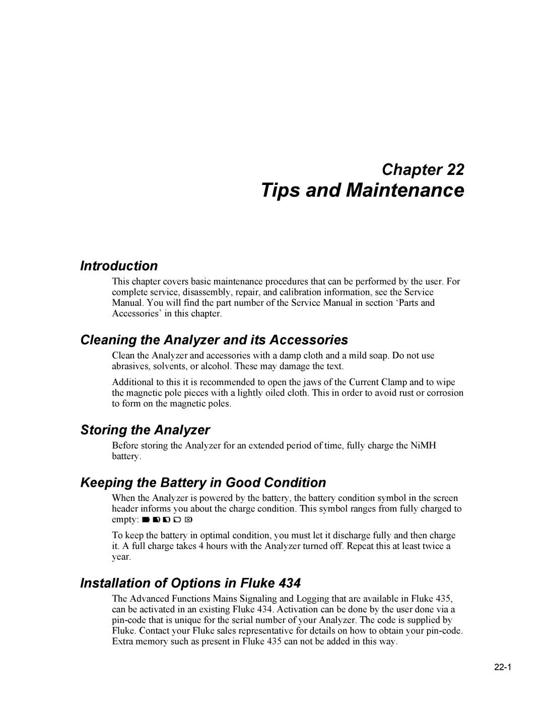 Fluke 435 user manual Tips and Maintenance, Introduction Cleaning the Analyzer and its Accessories, Storing the Analyzer 