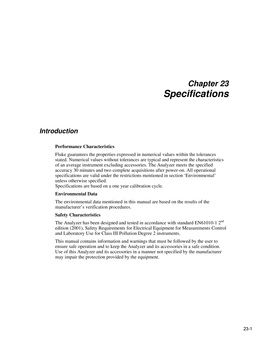 Fluke 435 user manual Specifications, Performance Characteristics 