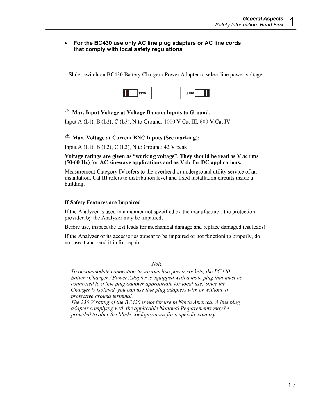 Fluke 435 user manual Max. Input Voltage at Voltage Banana Inputs to Ground 