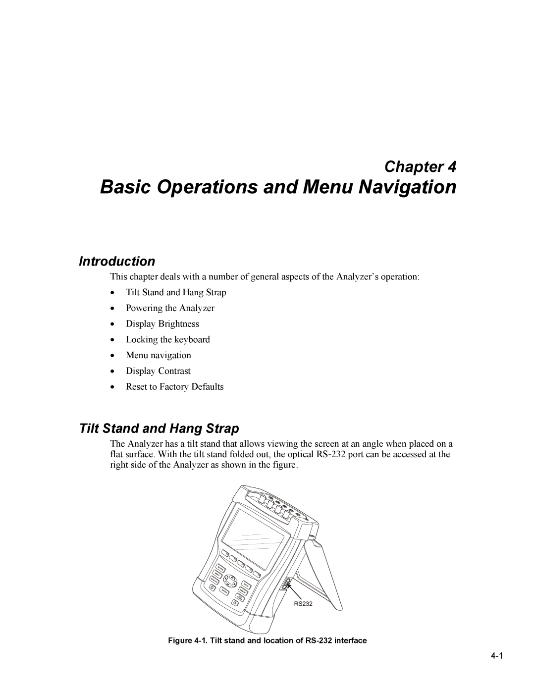 Fluke 435 user manual Basic Operations and Menu Navigation, Tilt Stand and Hang Strap 