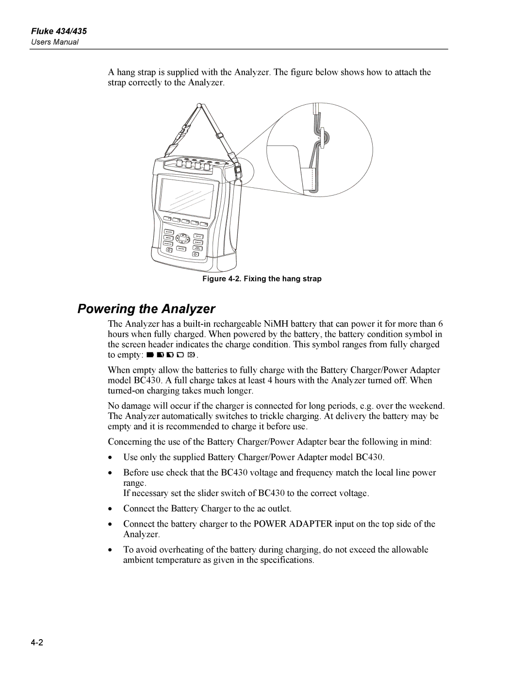 Fluke 435 user manual Powering the Analyzer, Fixing the hang strap 