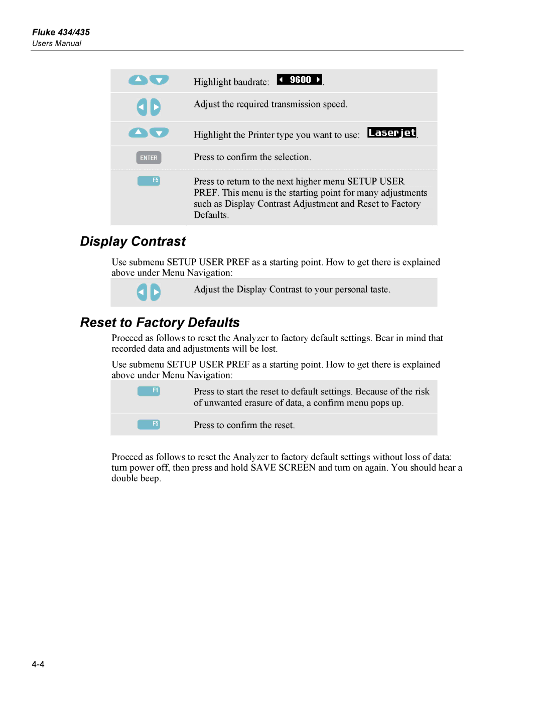 Fluke 435 user manual Display Contrast, Reset to Factory Defaults 