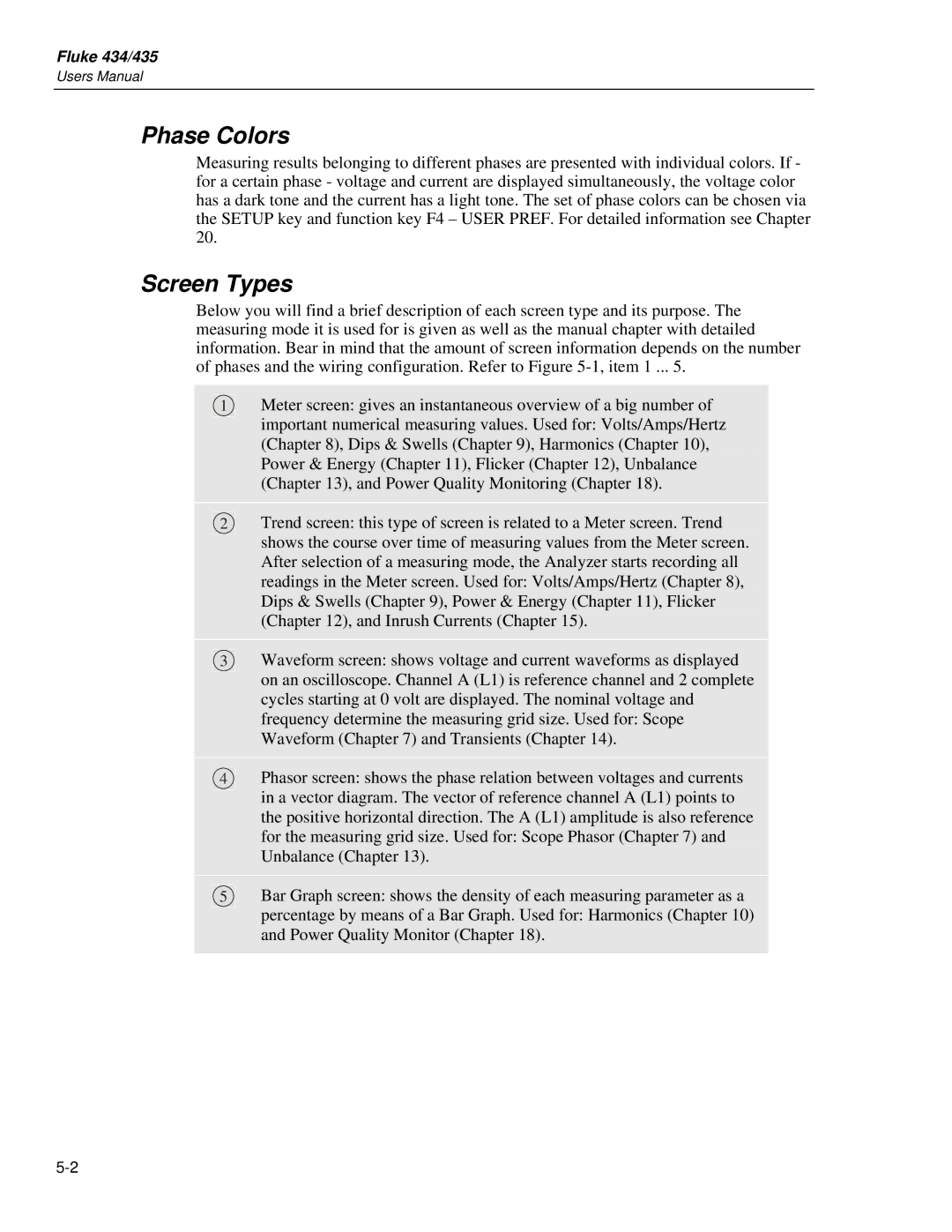 Fluke 435 user manual Phase Colors, Screen Types 