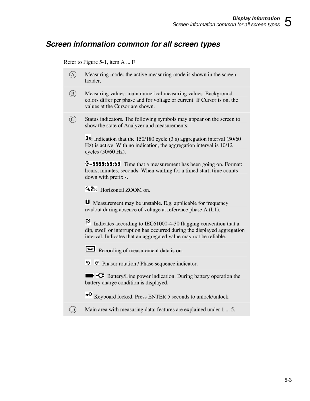 Fluke 435 user manual Screen information common for all screen types 