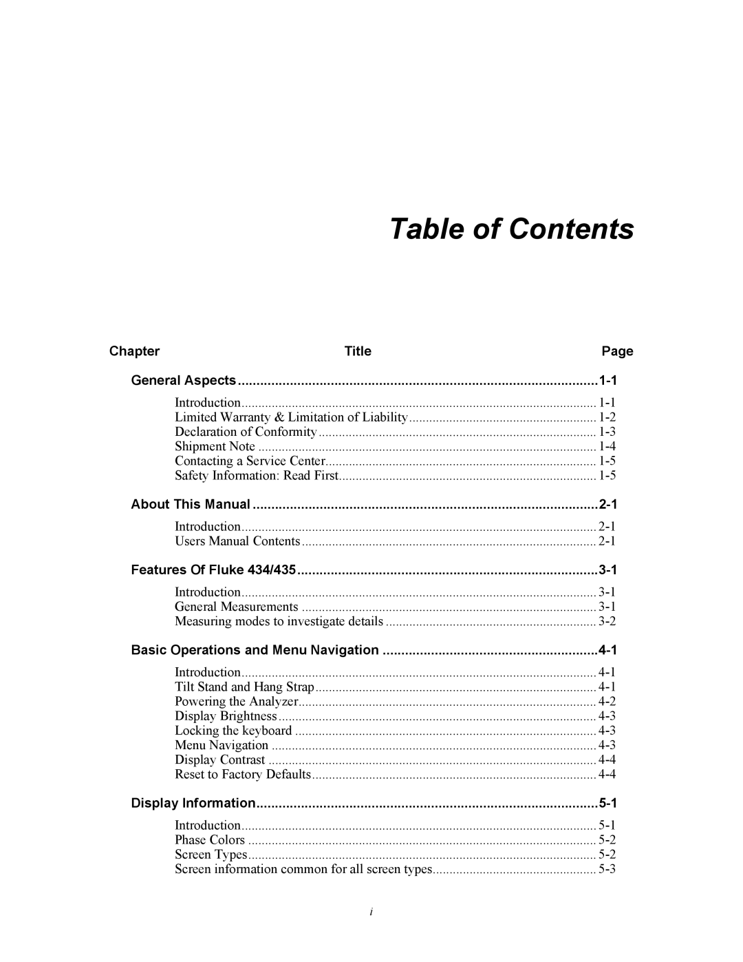 Fluke 435 user manual Table of Contents 