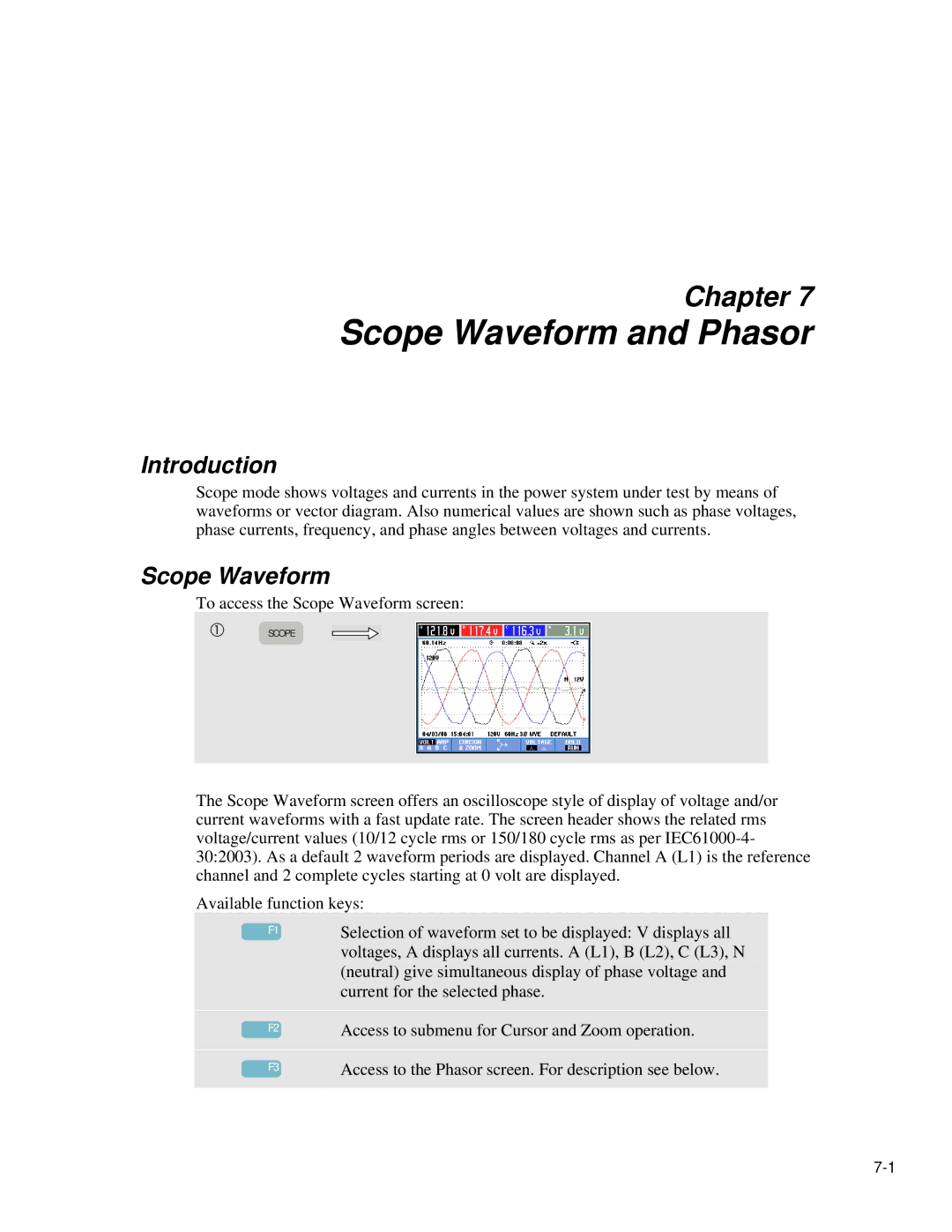 Fluke 435 user manual Scope Waveform and Phasor 