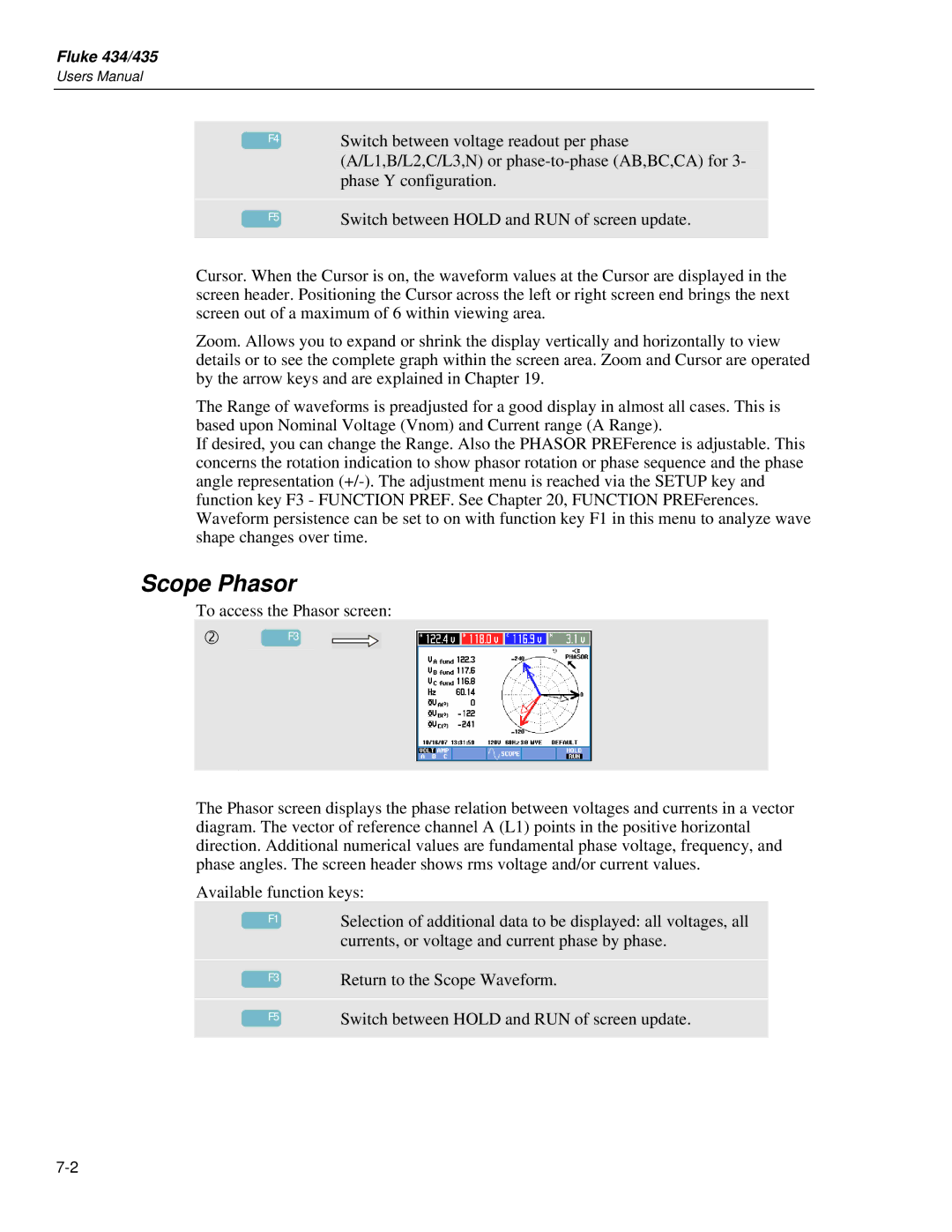 Fluke 435 user manual Scope Phasor 