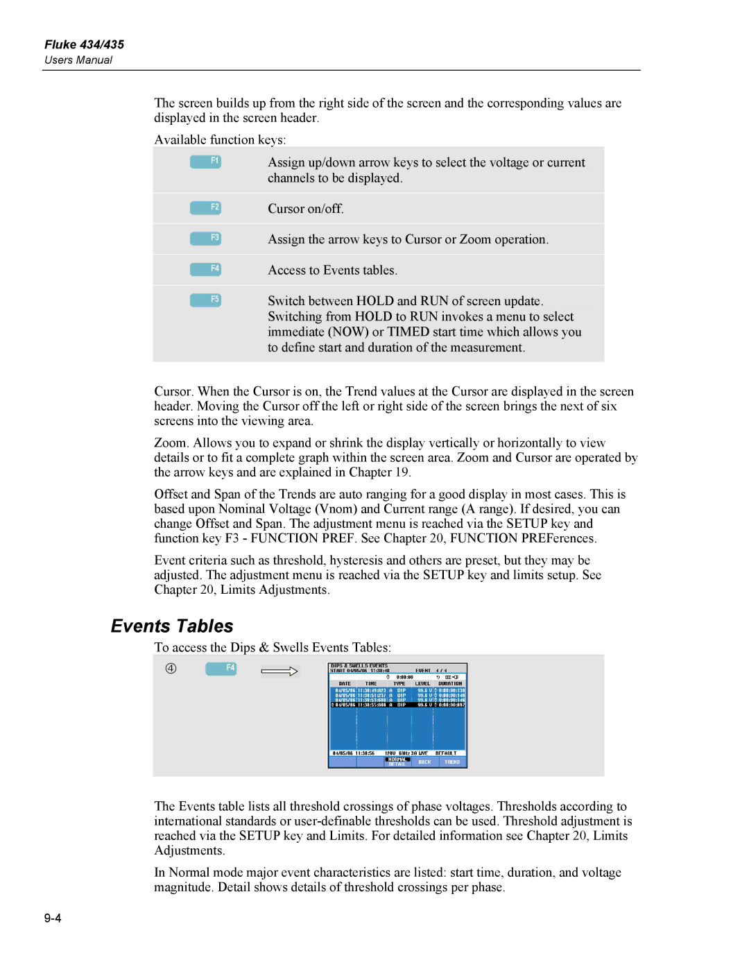 Fluke 435 user manual Events Tables 