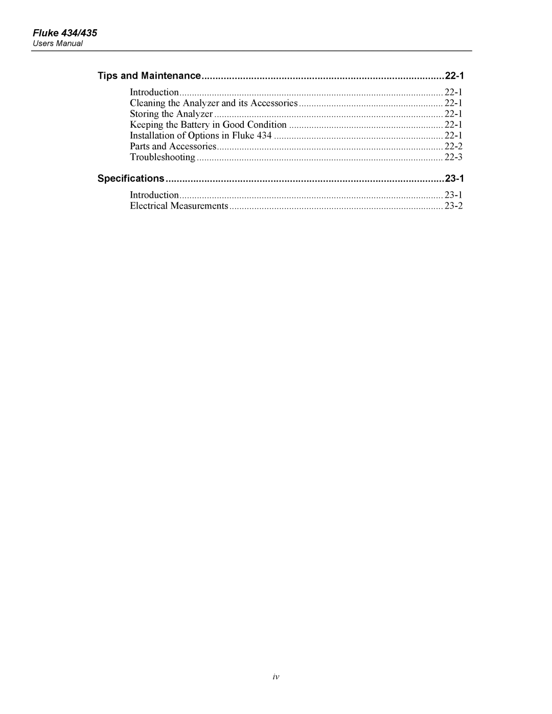 Fluke 435 user manual Specifications 23-1 