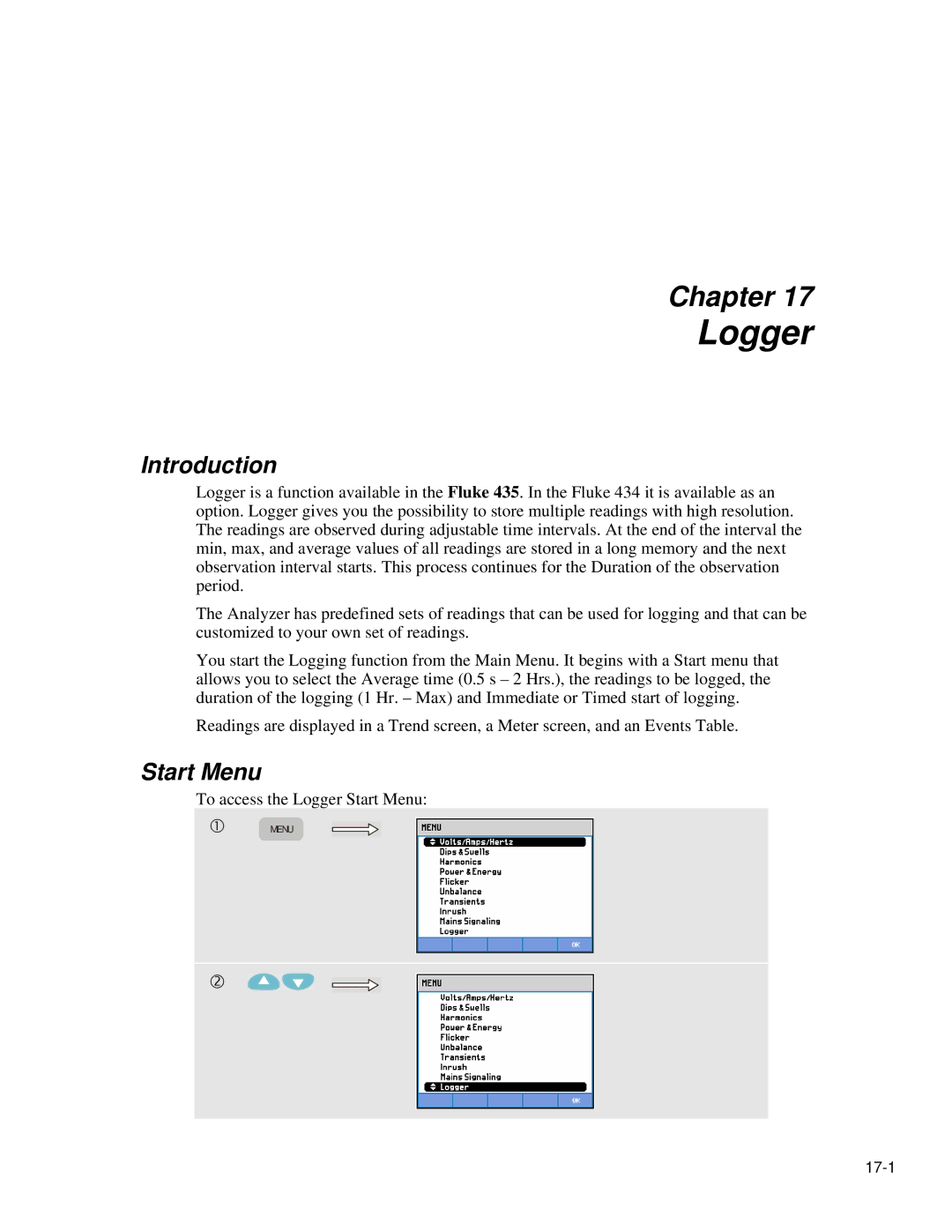 Fluke 435 user manual Logger, Start Menu 