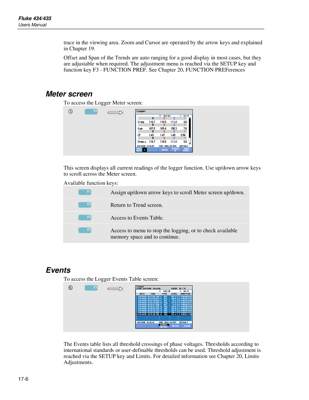 Fluke 435 user manual Meter screen, Events 