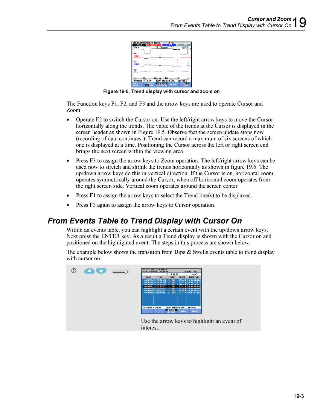 Fluke 435 user manual From Events Table to Trend Display with Cursor On, Trend display with cursor and zoom on 