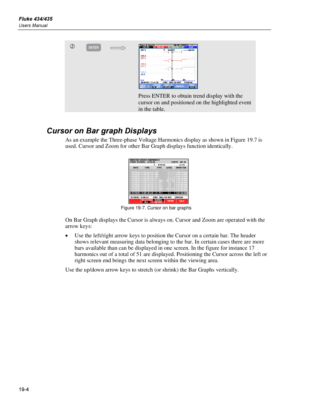 Fluke 435 user manual Cursor on Bar graph Displays, Cursor on bar graphs 