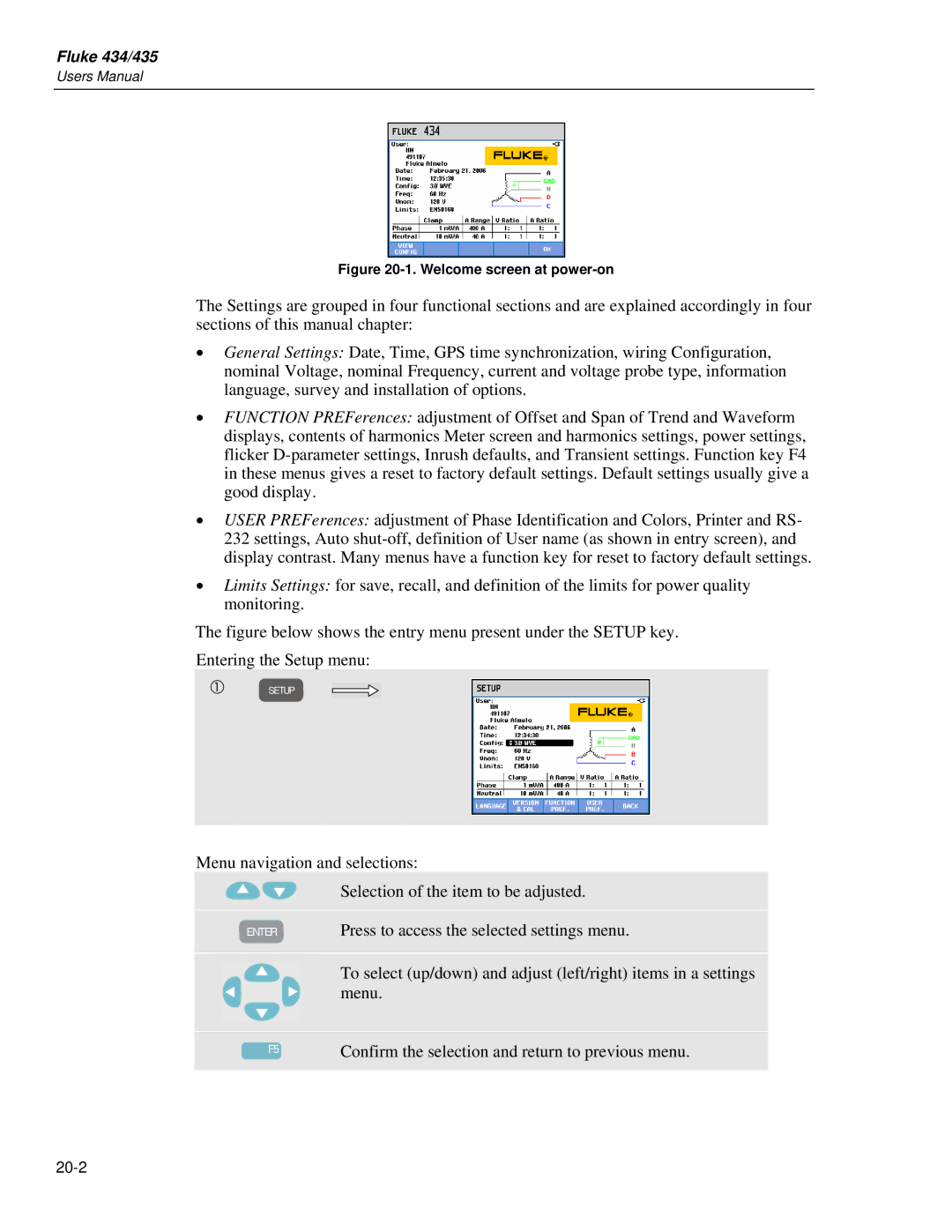 Fluke 435 user manual Confirm the selection and return to previous menu 