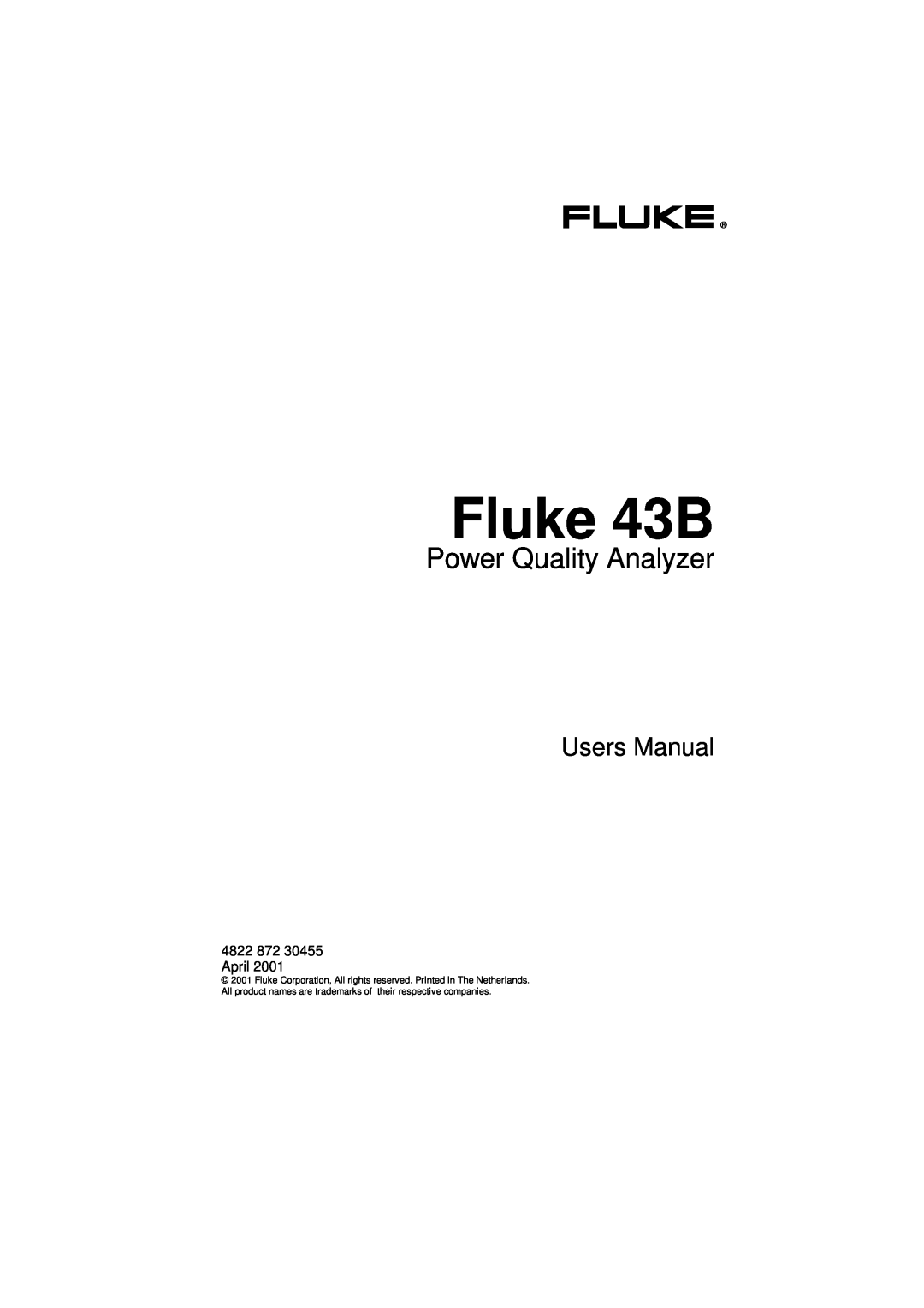 Fluke user manual Fluke 43B, Power Quality Analyzer 
