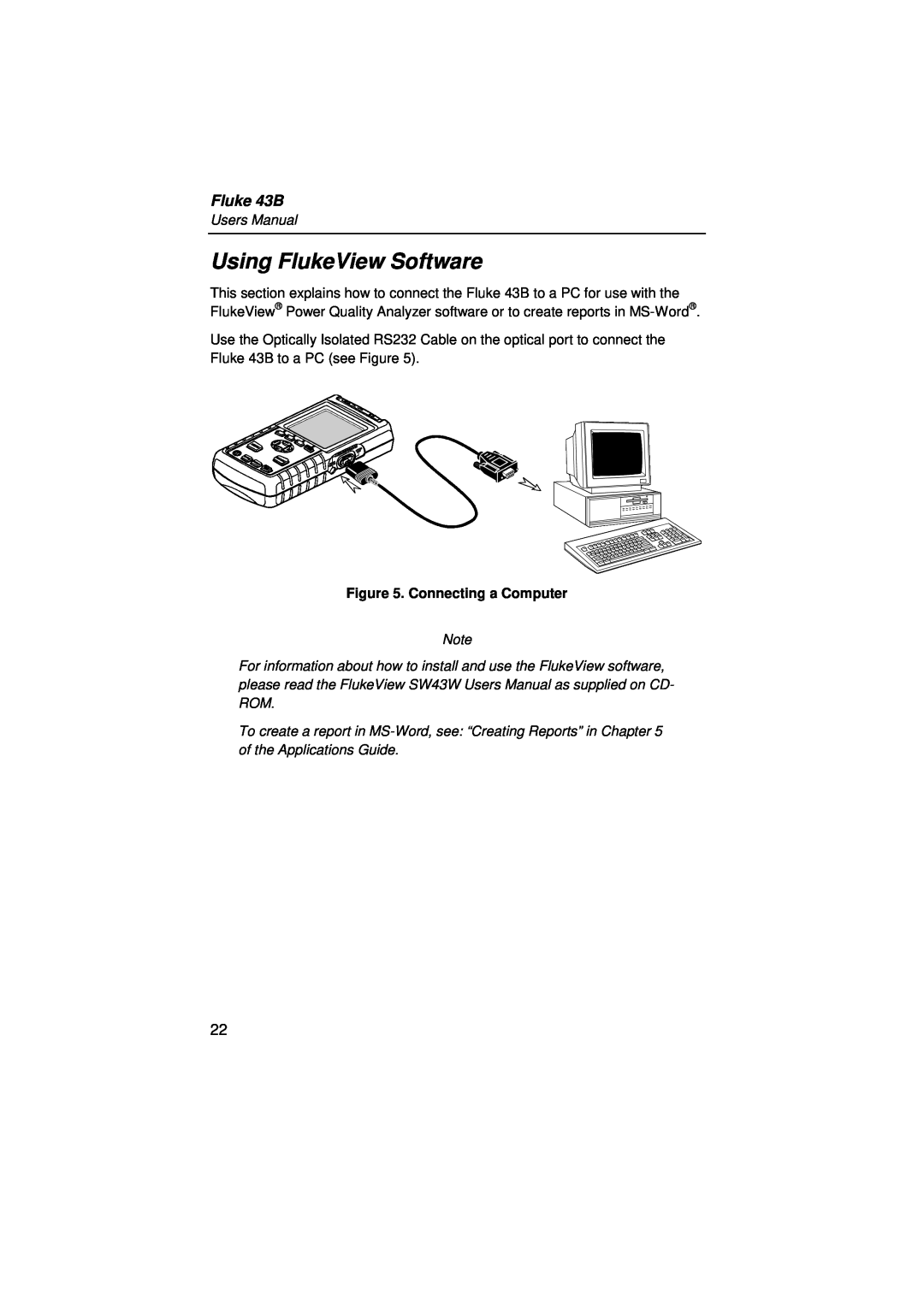 Fluke user manual Using FlukeView Software, Fluke 43B, Connecting a Computer 