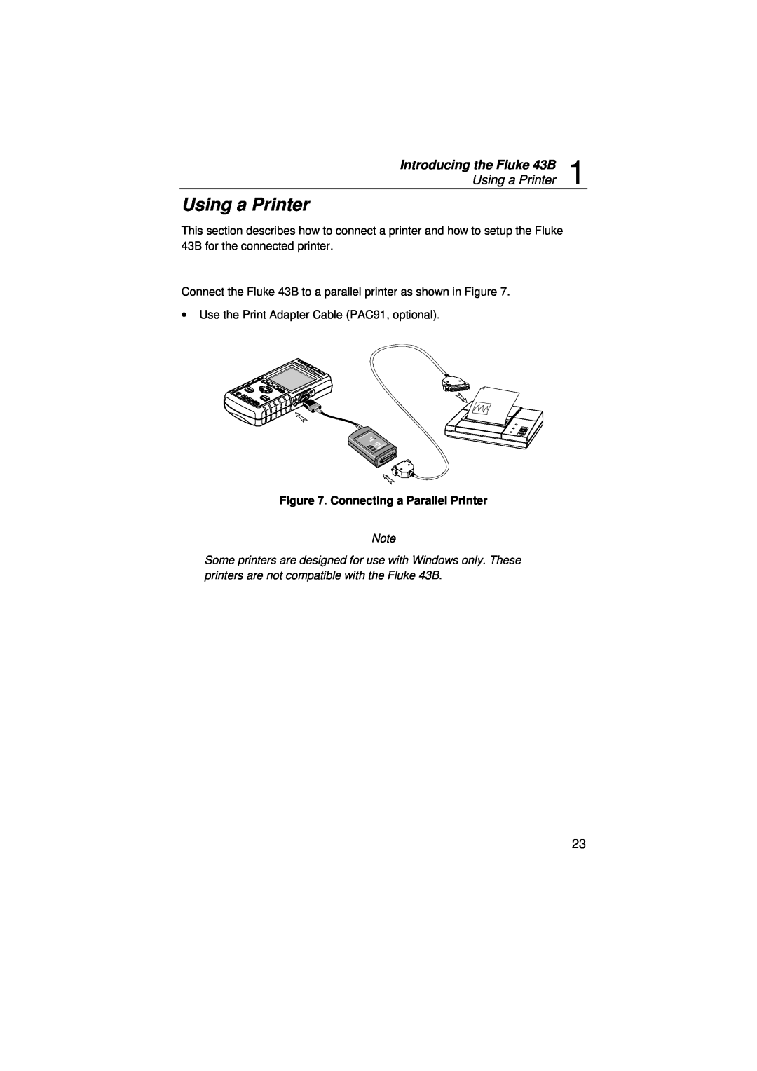 Fluke user manual Using a Printer, Introducing the Fluke 43B, Connecting a Parallel Printer 
