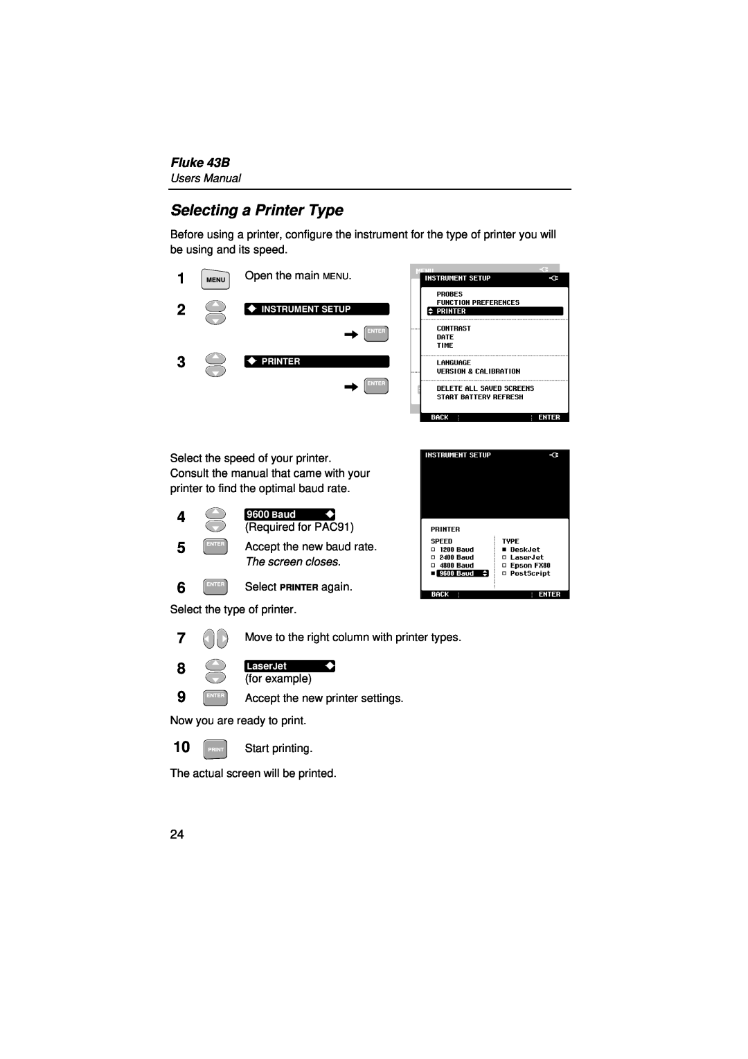Fluke user manual Selecting a Printer Type, Fluke 43B, Users Manual, Baud, LaserJet 