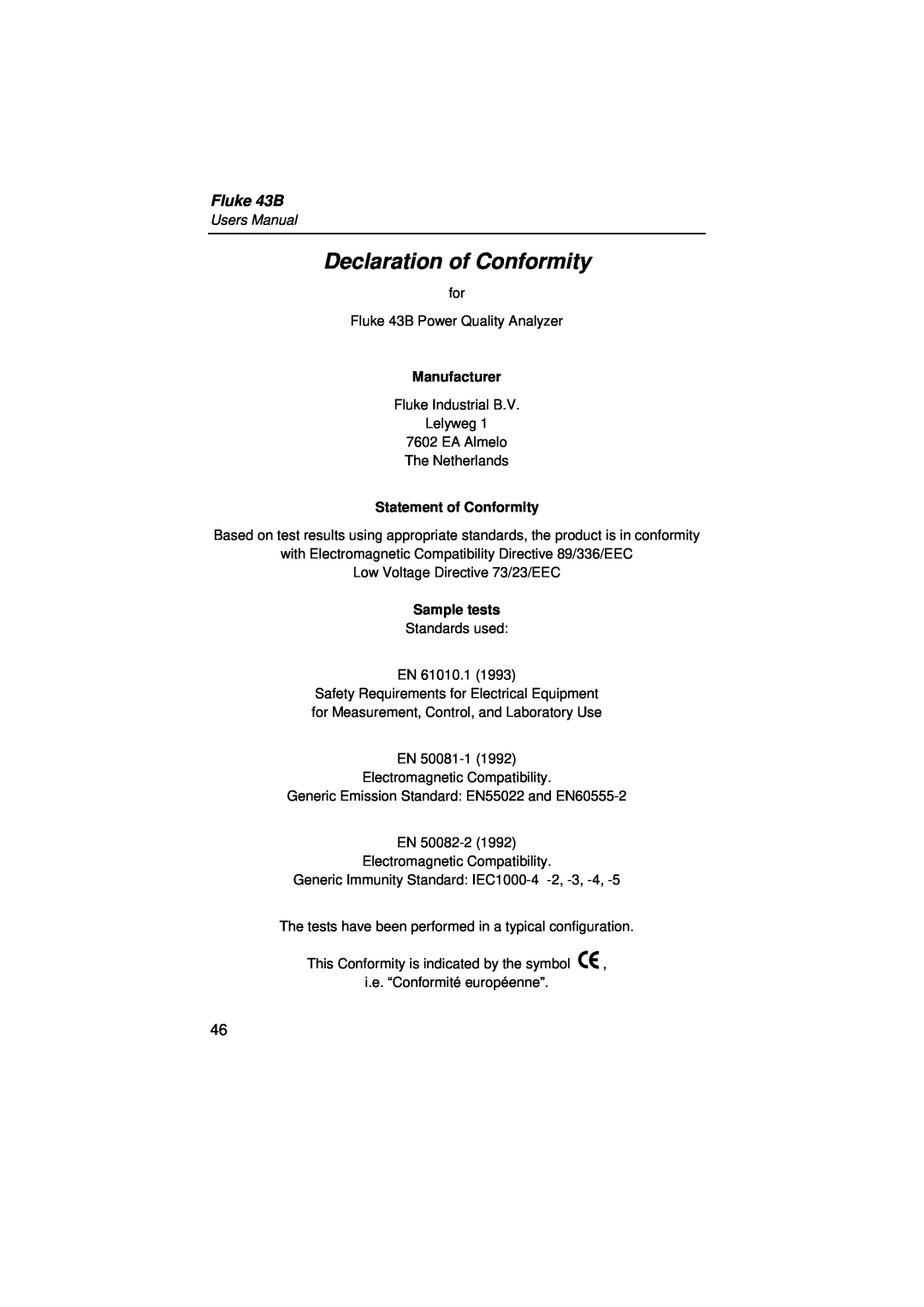 Fluke Declaration of Conformity, Fluke 43B, Users Manual, Manufacturer, Statement of Conformity, Sample tests 