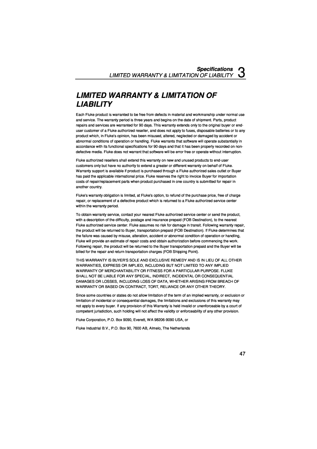 Fluke 43B user manual Limited Warranty & Limitation Of Liability, Specifications 
