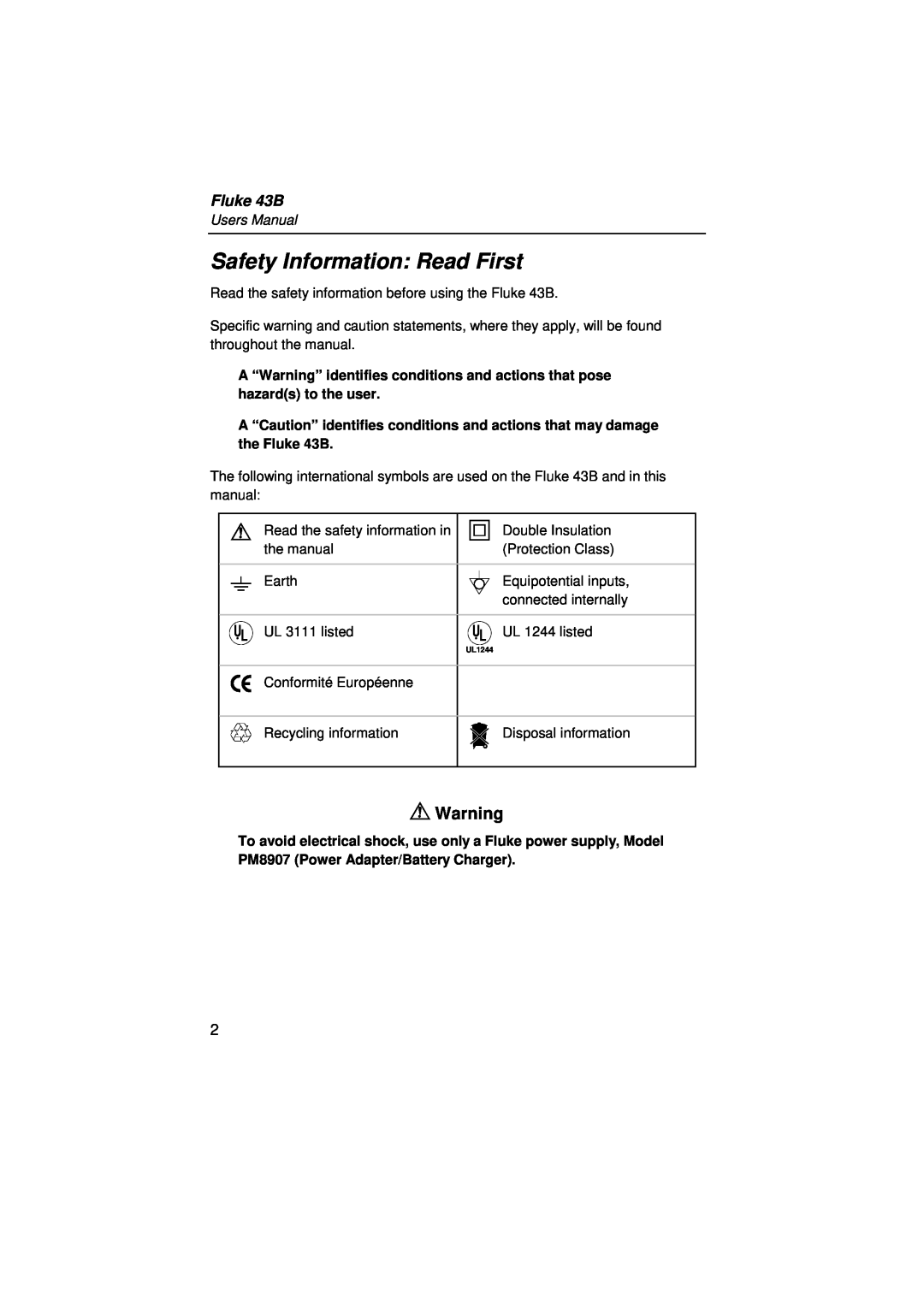 Fluke user manual Safety Information Read First, Fluke 43B 