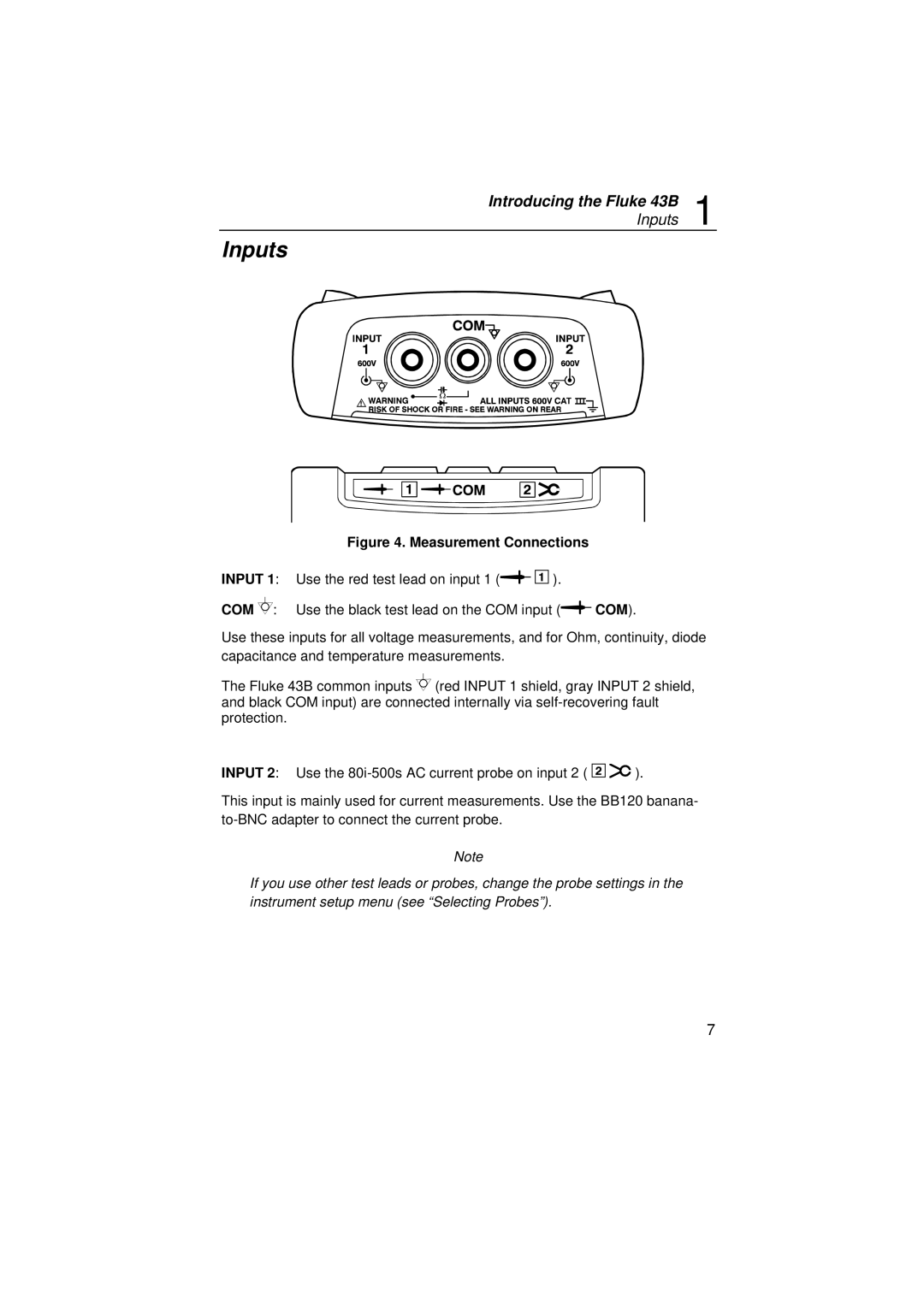 Fluke 43B user manual Inputs, Measurement Connections 