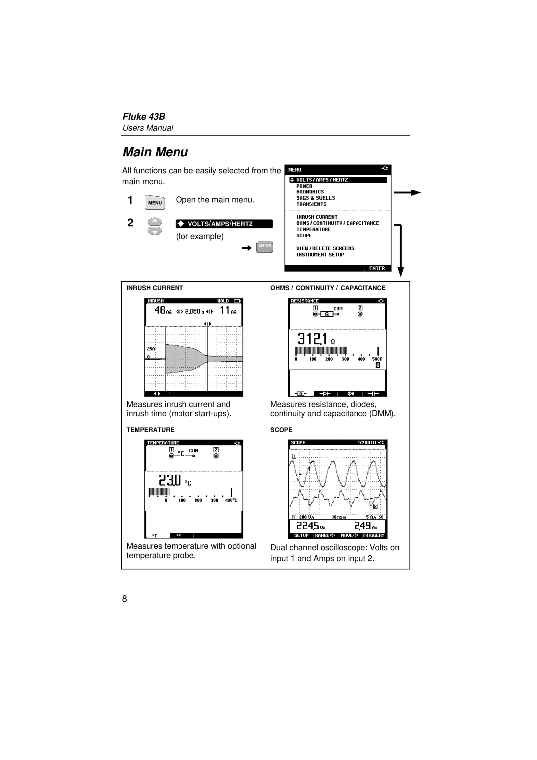 Fluke 43B user manual Main Menu 