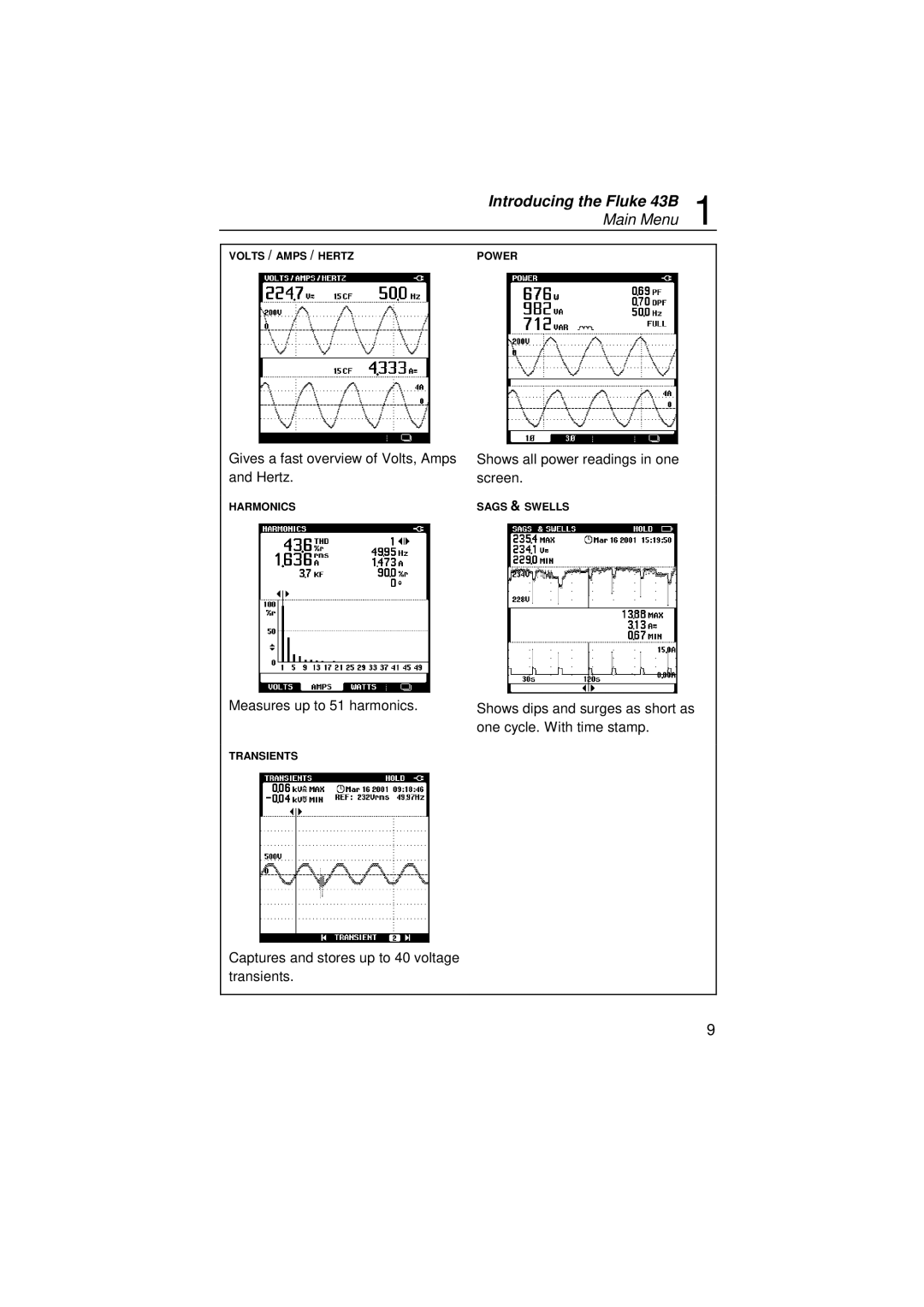 Fluke user manual Introducing the Fluke 43B Main Menu 