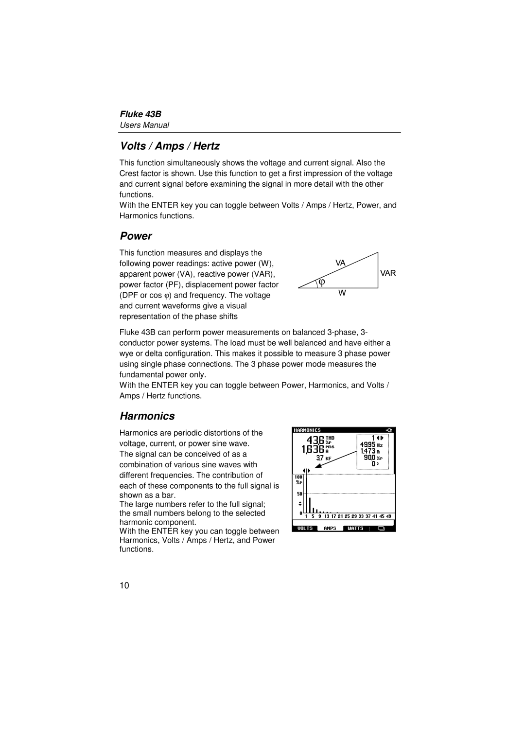 Fluke 43B user manual Volts / Amps / Hertz, Power, Harmonics 