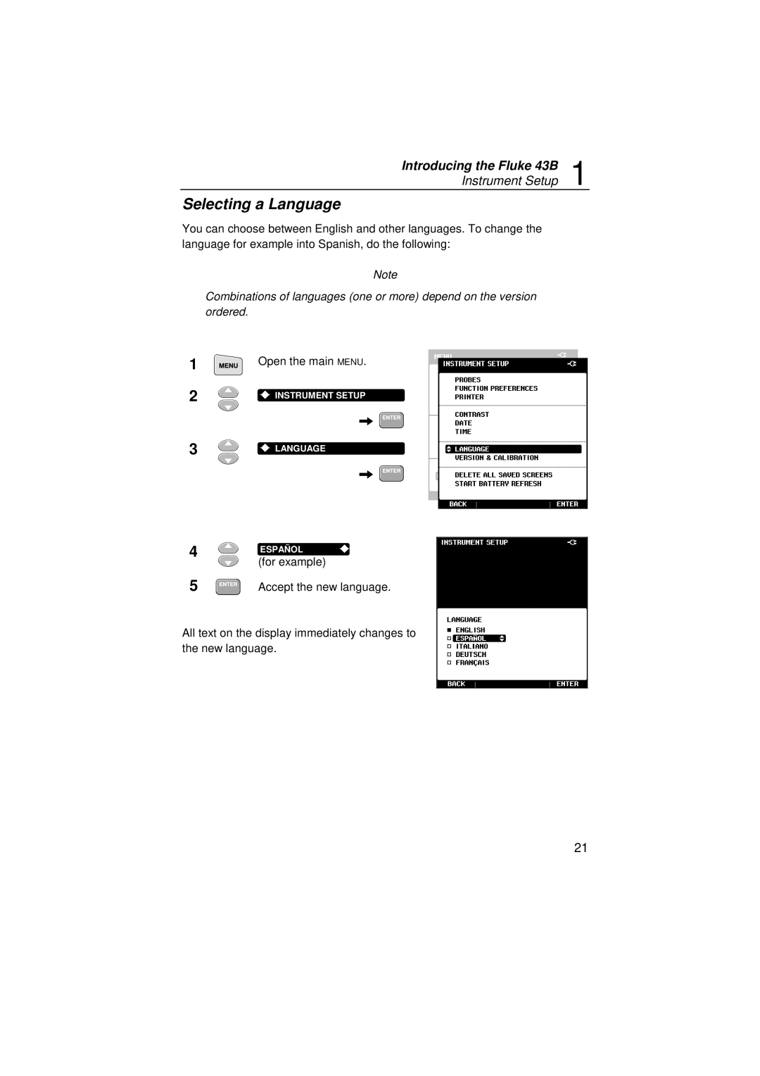 Fluke 43B user manual Selecting a Language 