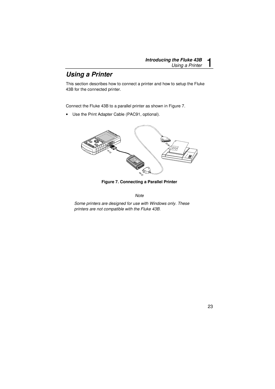 Fluke 43B user manual Using a Printer, Connecting a Parallel Printer 