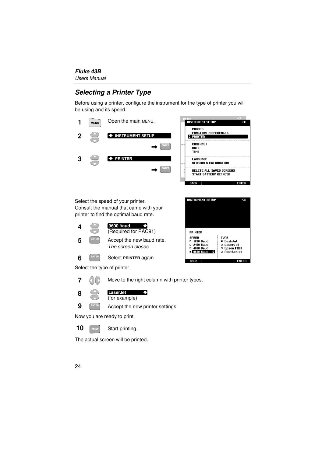 Fluke 43B user manual Selecting a Printer Type 