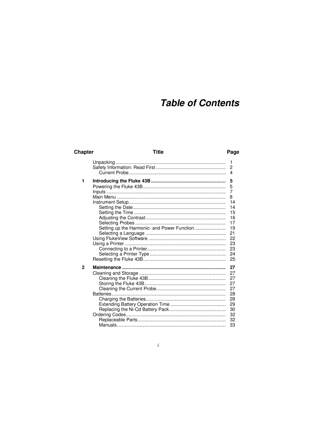 Fluke 43B user manual Table of Contents 