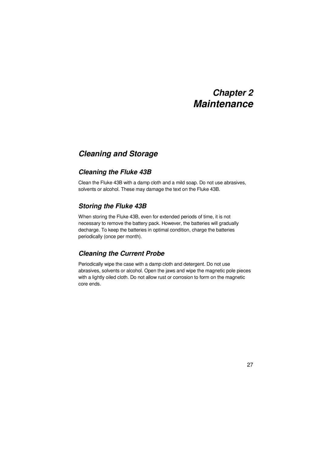 Fluke user manual Cleaning and Storage, Cleaning the Fluke 43B, Storing the Fluke 43B, Cleaning the Current Probe 