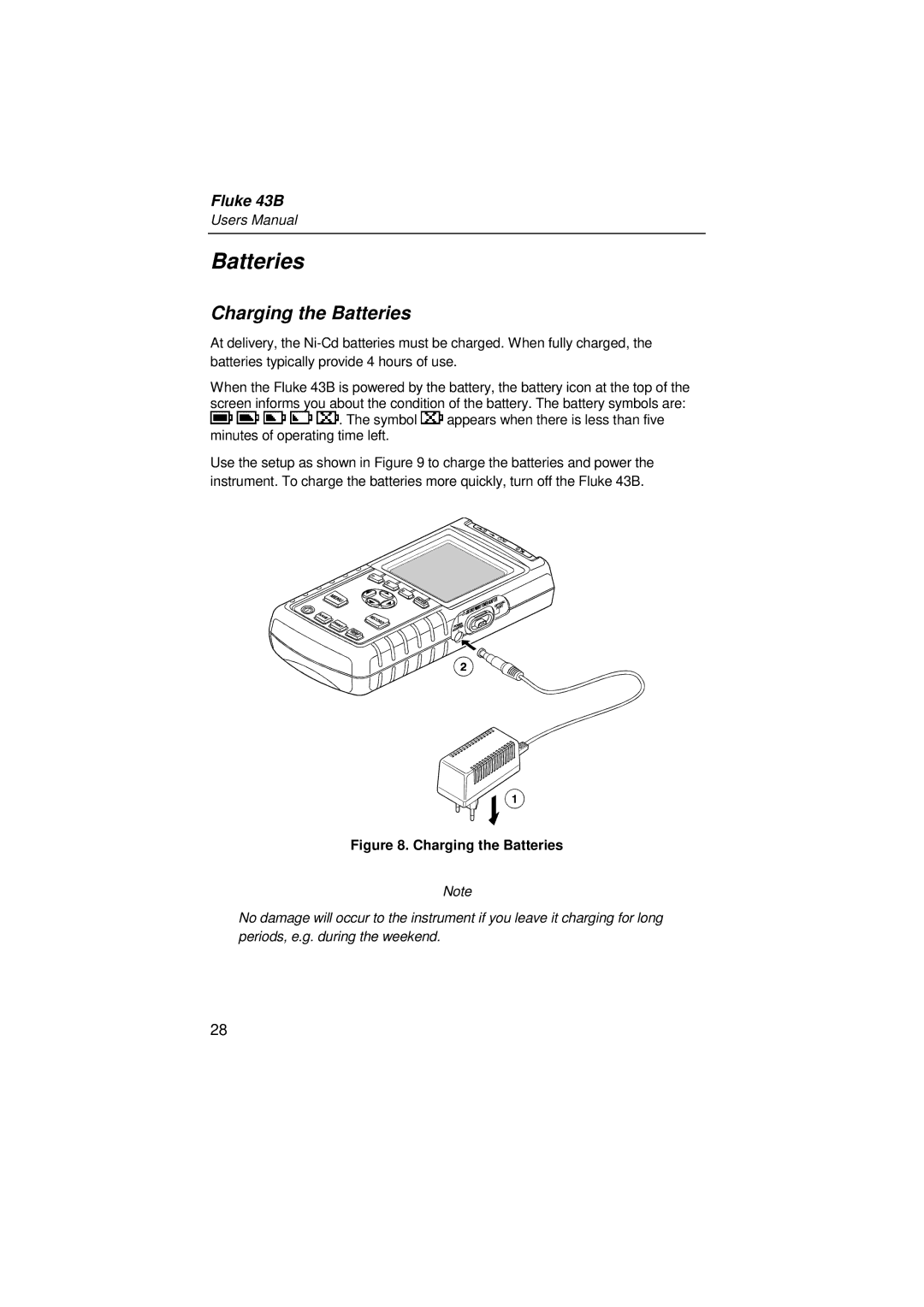 Fluke 43B user manual Charging the Batteries 